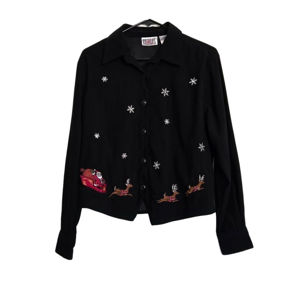 Petite Christmas Shirt Black Button Down Santa Sleigh Reindeer Embroidered Top